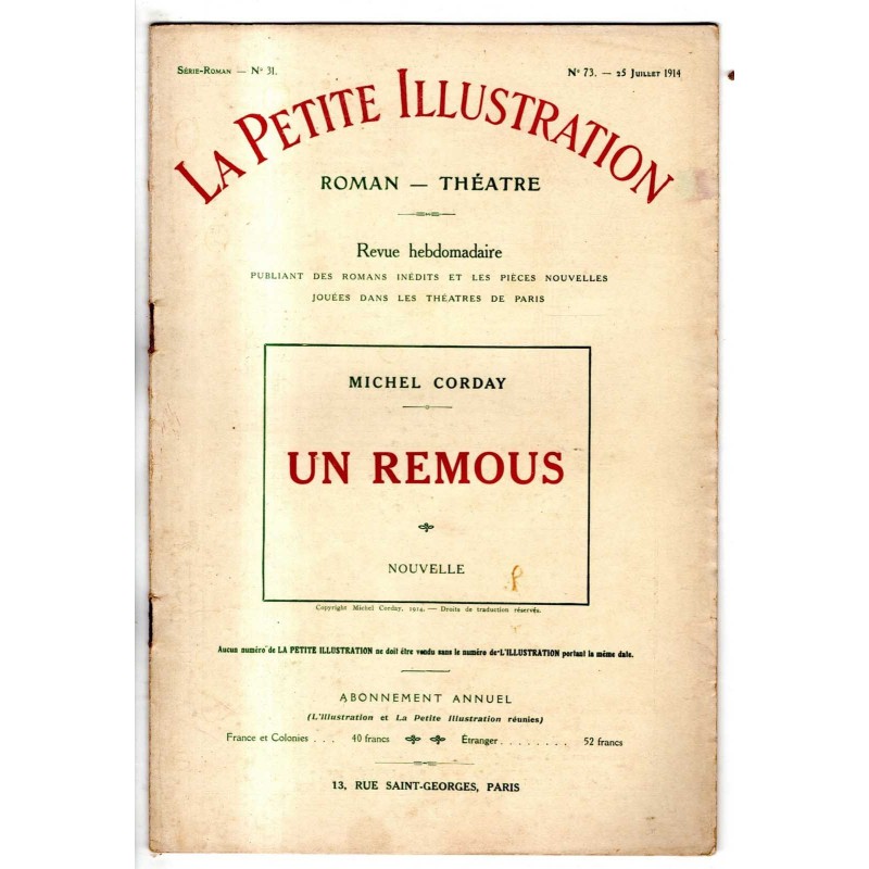 LA PETITE ILLUSTRATION - N 73 - 1914 - ROMAN - THÉATRE