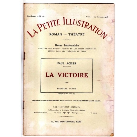 LA PETITE ILLUSTRATION - N 31 - 1913 - ROMAN - THÉATRE
