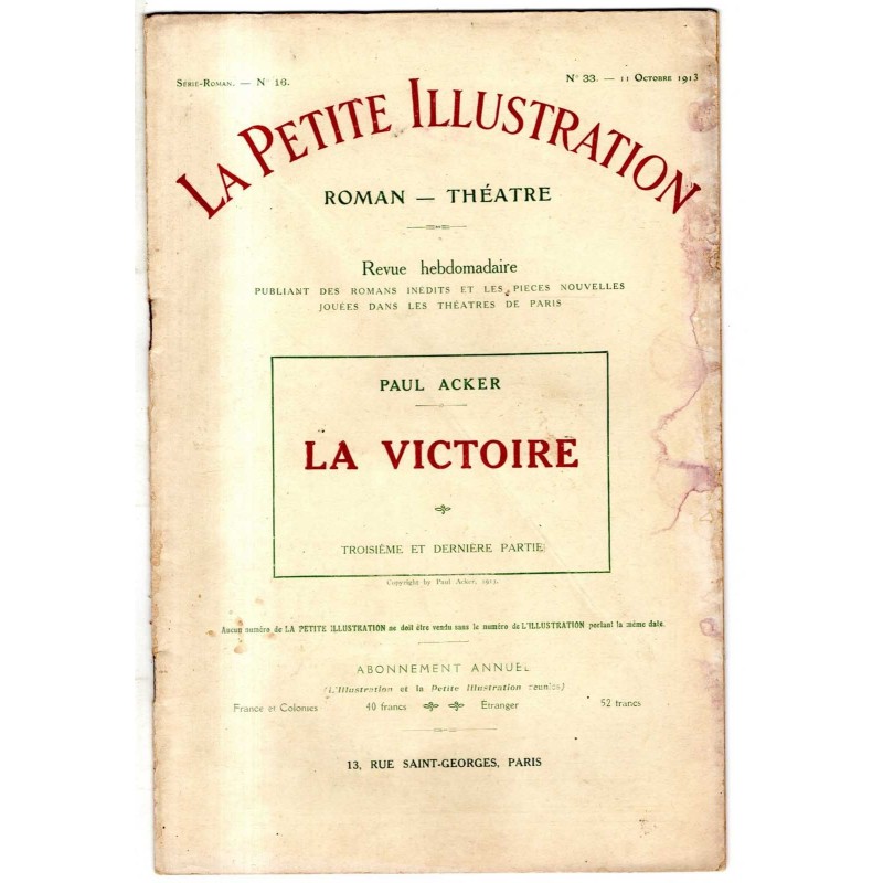 LA PETITE ILLUSTRATION - N 33 - 1913 - ROMAN - THÉATRE