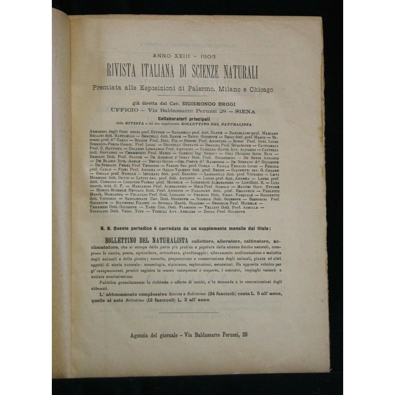 RACCOLTA DELLA RIVISTA ITALIANA DI SCIENZE NATURALI + BOLLETTINO